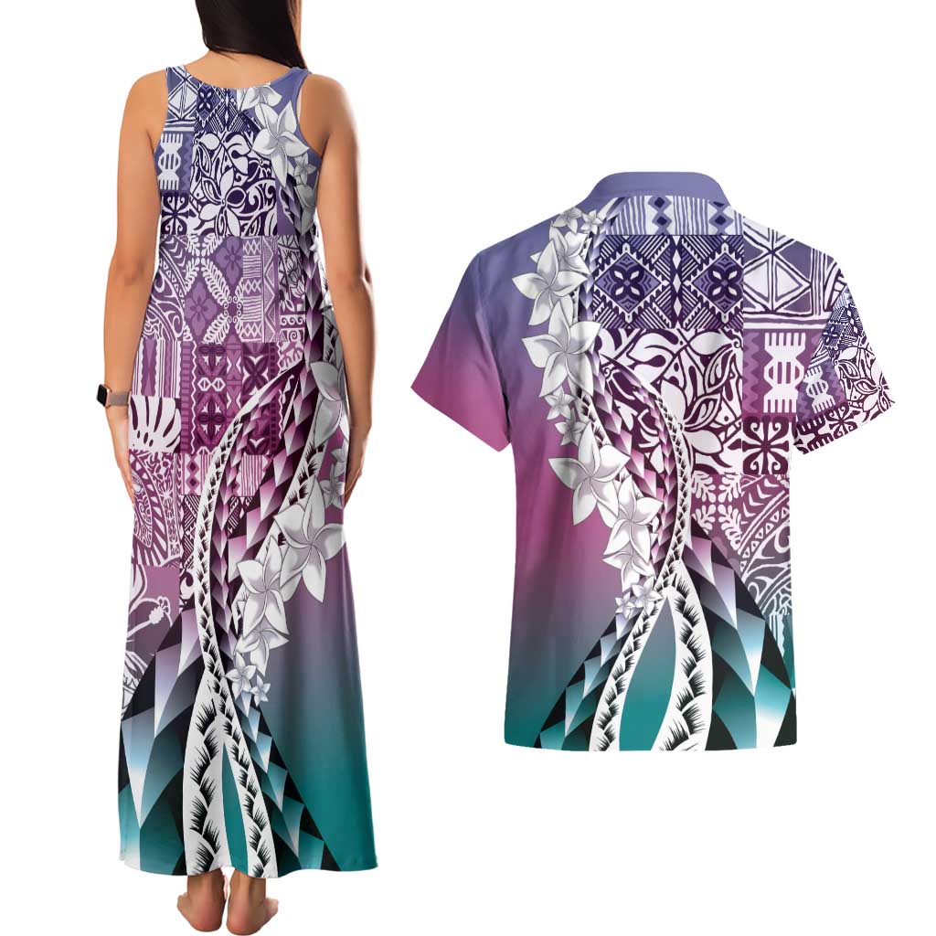 Aloha Vintage Plumeria Hawaiian Tapa Pattern Couples Matching Tank Maxi Dress and Hawaiian Shirt Gradient Hawaiian Tapa Pattern - Polynesian Pride