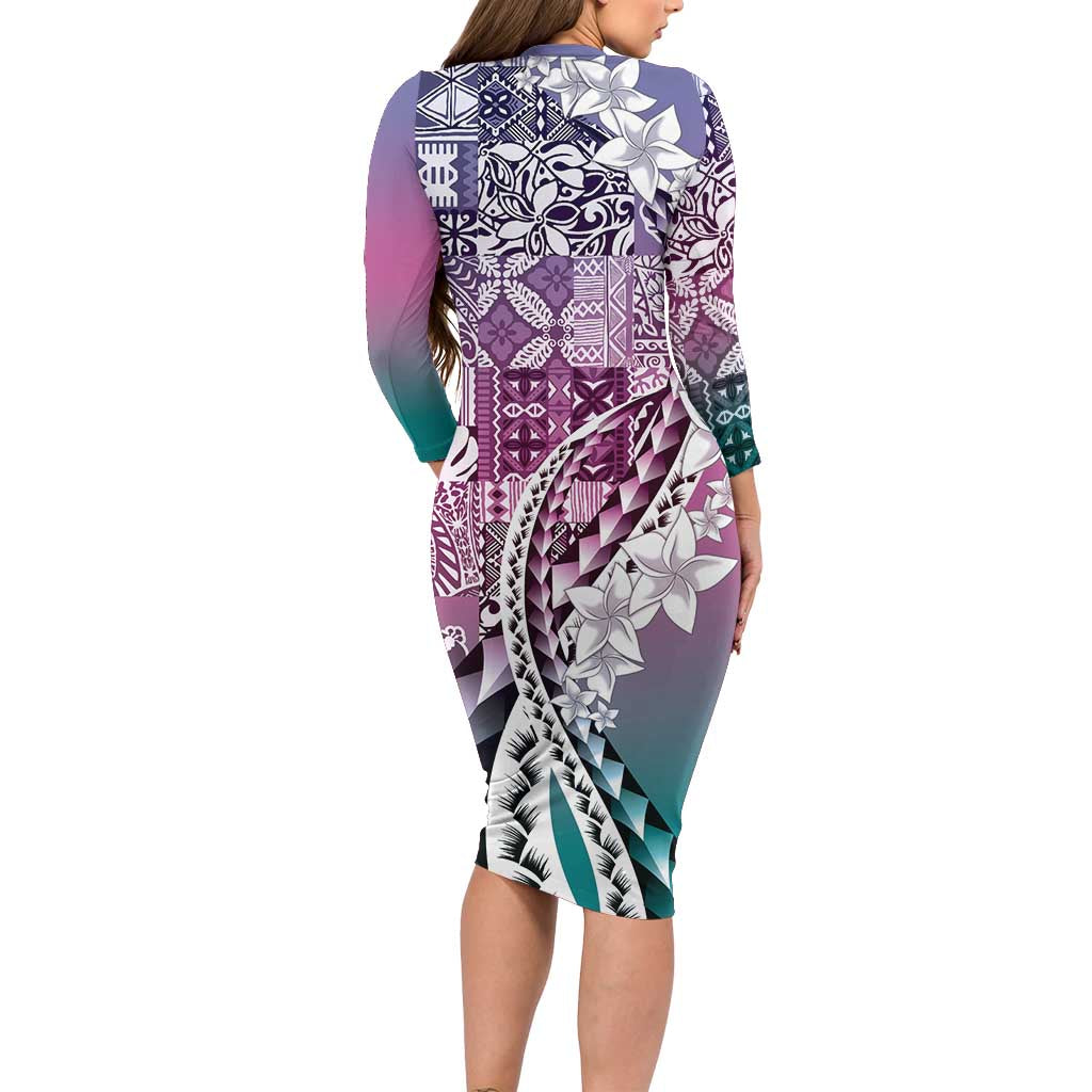 Aloha Vintage Plumeria Hawaiian Tapa Pattern Family Matching Long Sleeve Bodycon Dress and Hawaiian Shirt Gradient Hawaiian Tapa Pattern - Polynesian Pride