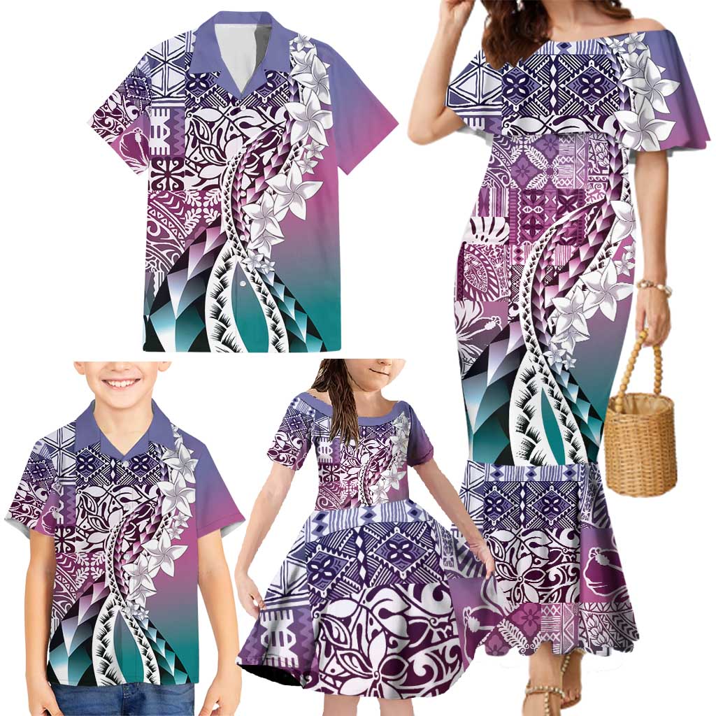 Aloha Vintage Plumeria Hawaiian Tapa Pattern Family Matching Mermaid Dress and Hawaiian Shirt Gradient Hawaiian Tapa Pattern - Polynesian Pride