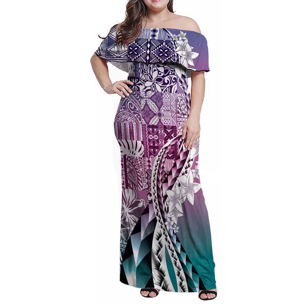 Aloha Vintage Plumeria Hawaiian Tapa Pattern Family Matching Off Shoulder Maxi Dress and Hawaiian Shirt Gradient Hawaiian Tapa Pattern - Polynesian Pride