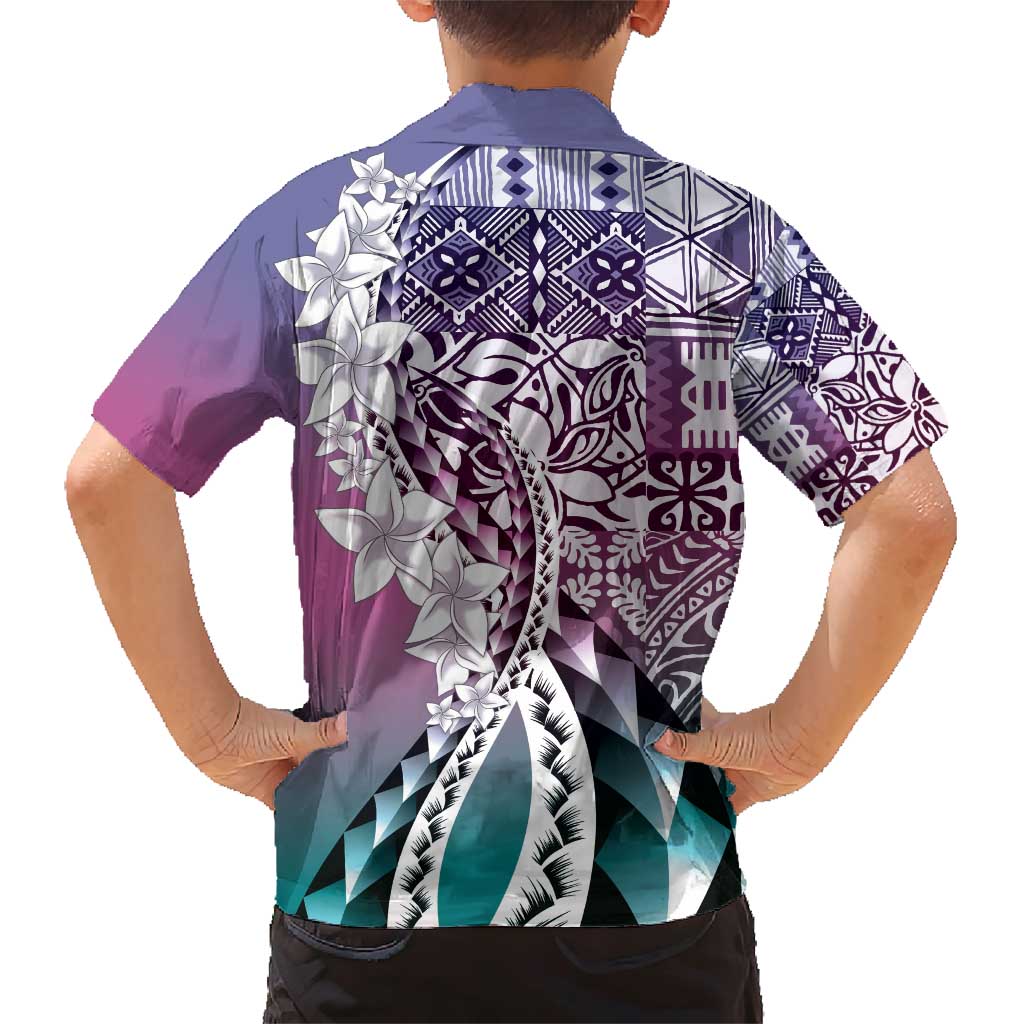 Aloha Vintage Plumeria Hawaiian Tapa Pattern Family Matching Short Sleeve Bodycon Dress and Hawaiian Shirt Gradient Hawaiian Tapa Pattern - Polynesian Pride