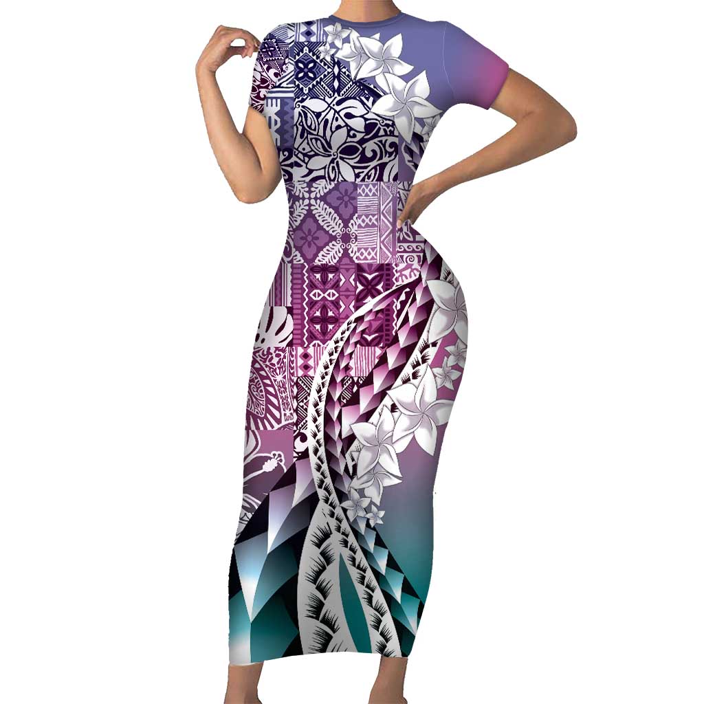 Aloha Vintage Plumeria Hawaiian Tapa Pattern Family Matching Short Sleeve Bodycon Dress and Hawaiian Shirt Gradient Hawaiian Tapa Pattern - Polynesian Pride