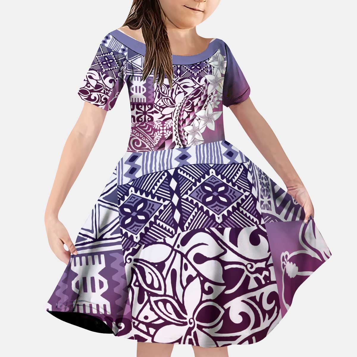 Aloha Vintage Plumeria Hawaiian Tapa Pattern Kid Short Sleeve Dress Gradient Hawaiian Tapa Pattern - Polynesian Pride