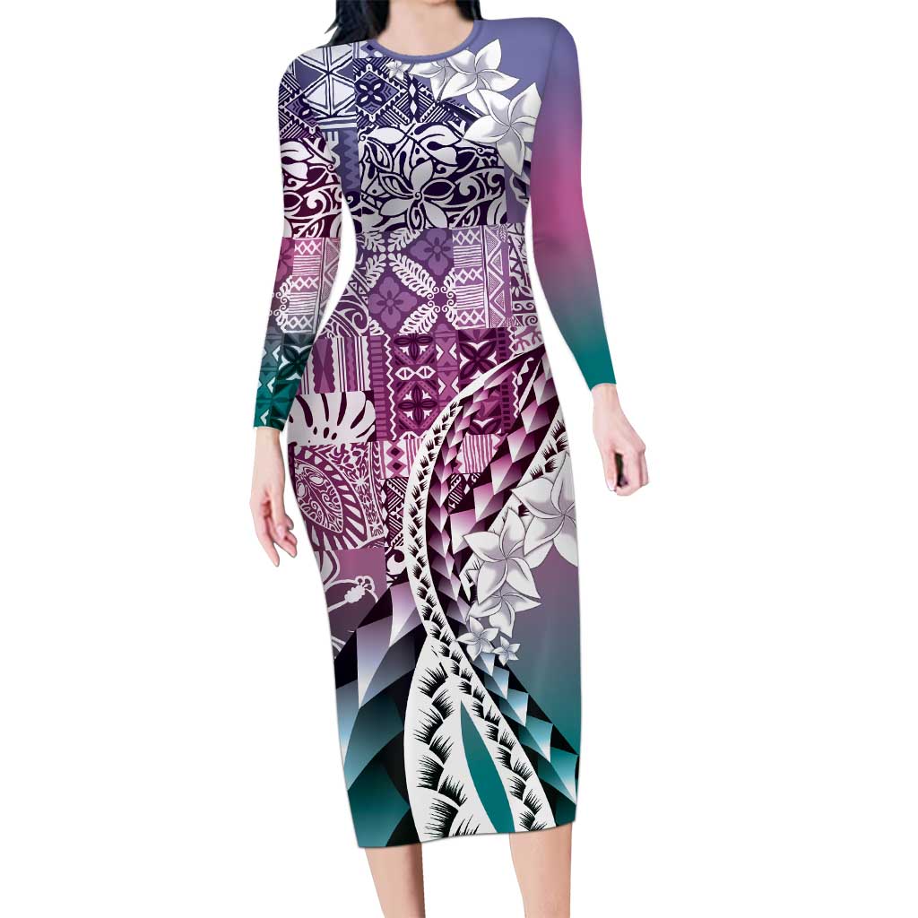 Aloha Vintage Plumeria Hawaiian Tapa Pattern Long Sleeve Bodycon Dress Gradient Hawaiian Tapa Pattern - Polynesian Pride