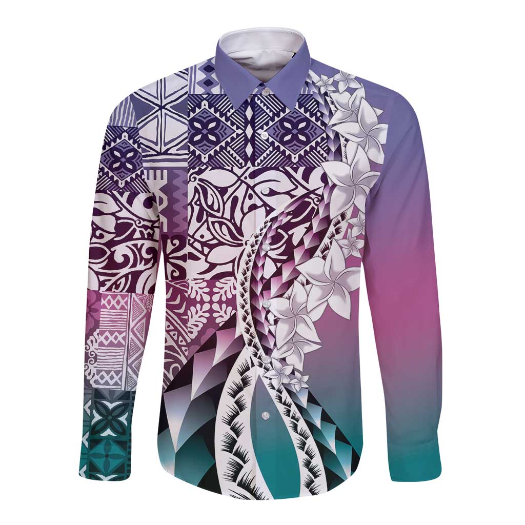 Aloha Vintage Plumeria Hawaiian Tapa Pattern Long Sleeve Button Shirt Gradient Hawaiian Tapa Pattern - Polynesian Pride
