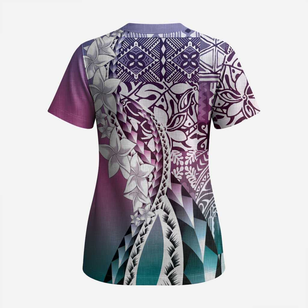 Aloha Vintage Plumeria Hawaiian Tapa Pattern Scrub Top Gradient Hawaiian Tapa Pattern - Polynesian Pride