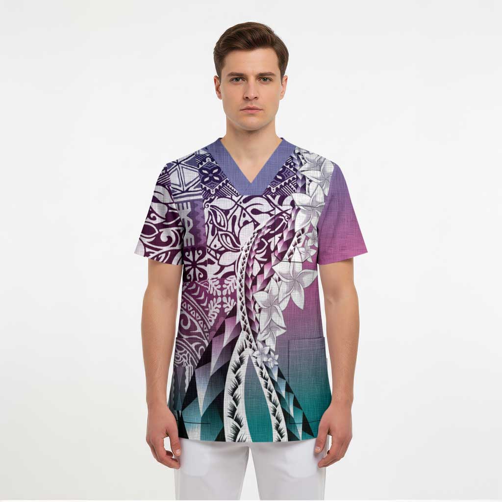 Aloha Vintage Plumeria Hawaiian Tapa Pattern Scrub Top Gradient Hawaiian Tapa Pattern - Polynesian Pride
