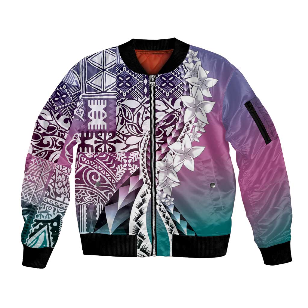 Aloha Vintage Plumeria Hawaiian Tapa Pattern Sleeve Zip Bomber Jacket Gradient Hawaiian Tapa Pattern - Polynesian Pride