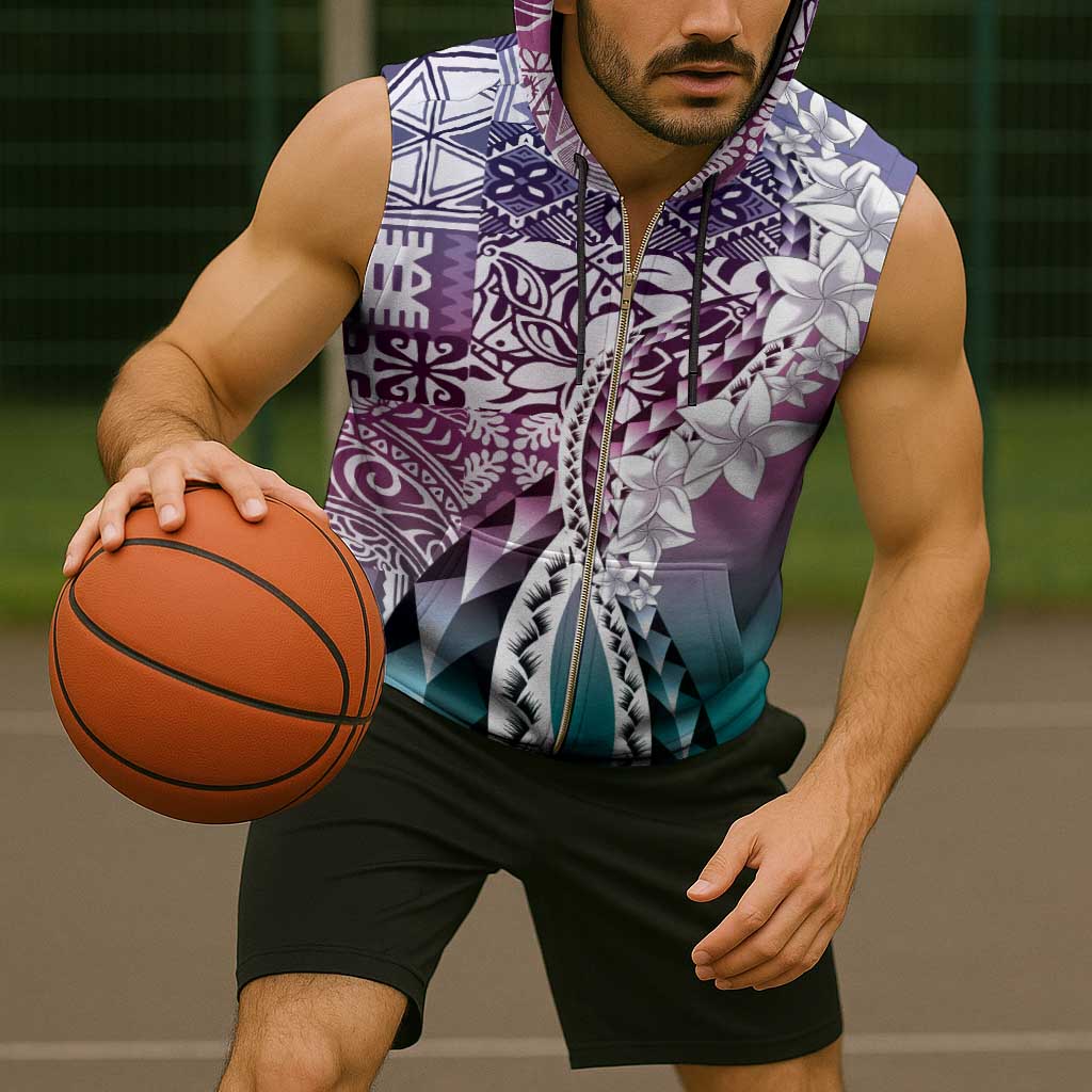 Aloha Vintage Plumeria Hawaiian Tapa Pattern Sleeveless Zip Hoodie Gradient Hawaiian Tapa Pattern - Polynesian Pride