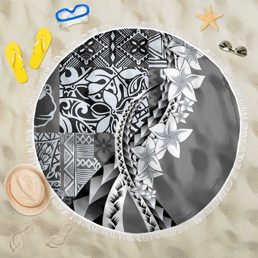 Aloha Vintage Plumeria Hawaiian Tapa Pattern Beach Blanket Gray Hawaiian Tapa Pattern - Polynesian Pride