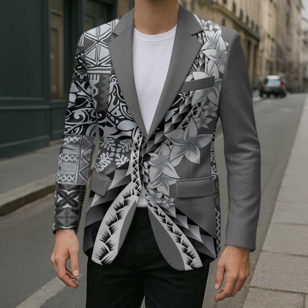 Aloha Vintage Plumeria Hawaiian Tapa Pattern Blazer Gray Hawaiian Tapa Pattern - Polynesian Pride