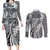 Aloha Vintage Plumeria Hawaiian Tapa Pattern Couples Matching Long Sleeve Bodycon Dress and Long Sleeve Button Shirt Gray Hawaiian Tapa Pattern - Polynesian Pride