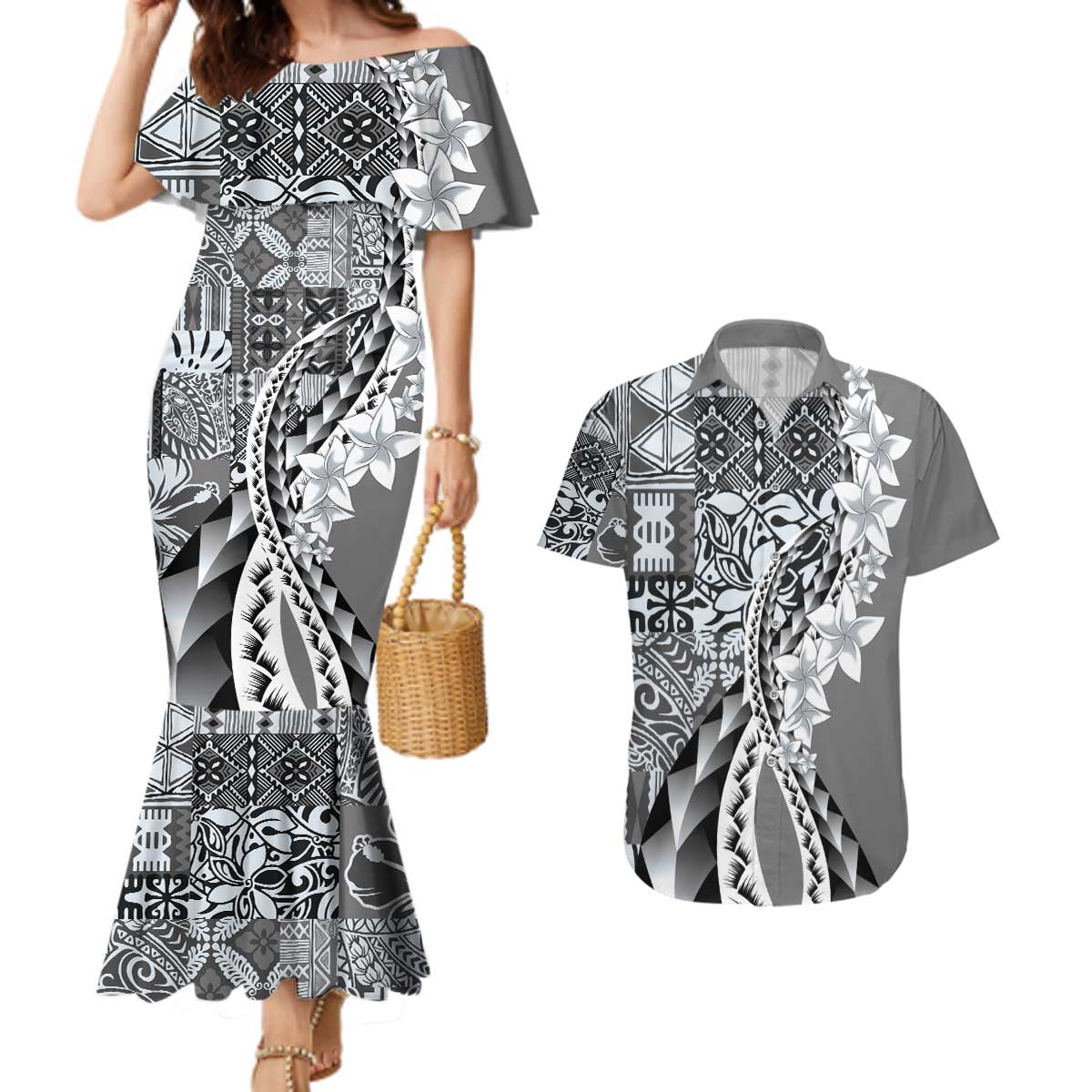 Aloha Vintage Plumeria Hawaiian Tapa Pattern Couples Matching Mermaid Dress and Hawaiian Shirt Gray Hawaiian Tapa Pattern - Polynesian Pride