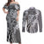 Aloha Vintage Plumeria Hawaiian Tapa Pattern Couples Matching Off Shoulder Maxi Dress and Long Sleeve Button Shirt Gray Hawaiian Tapa Pattern - Polynesian Pride
