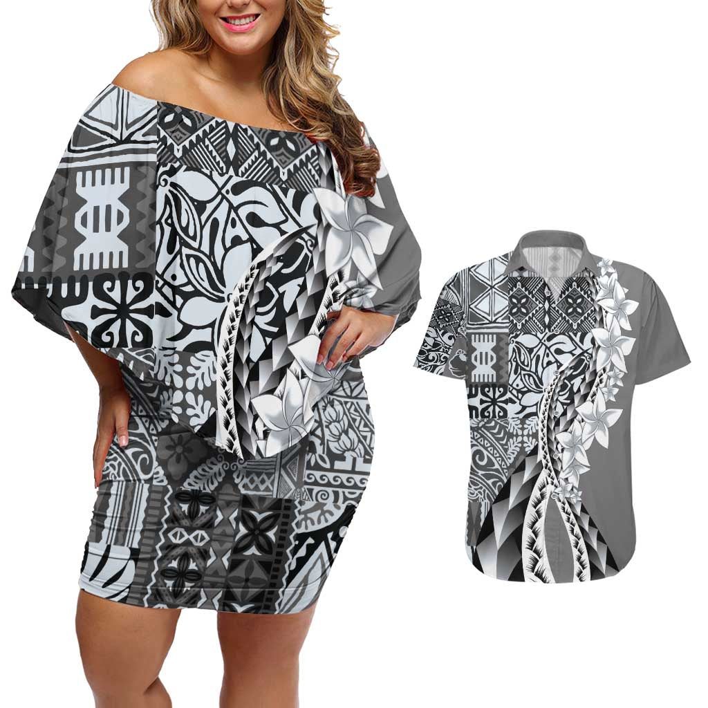 Aloha Vintage Plumeria Hawaiian Tapa Pattern Couples Matching Off Shoulder Short Dress and Hawaiian Shirt Gray Hawaiian Tapa Pattern - Polynesian Pride