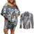 Aloha Vintage Plumeria Hawaiian Tapa Pattern Couples Matching Off Shoulder Short Dress and Long Sleeve Button Shirt Gray Hawaiian Tapa Pattern - Polynesian Pride