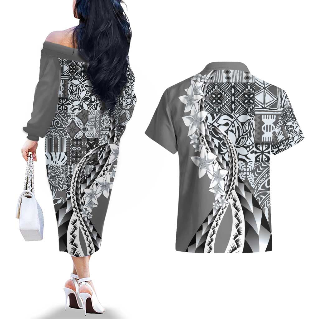 Aloha Vintage Plumeria Hawaiian Tapa Pattern Couples Matching Off The Shoulder Long Sleeve Dress and Hawaiian Shirt Gray Hawaiian Tapa Pattern - Polynesian Pride