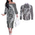 Aloha Vintage Plumeria Hawaiian Tapa Pattern Couples Matching Off The Shoulder Long Sleeve Dress and Long Sleeve Button Shirt Gray Hawaiian Tapa Pattern - Polynesian Pride