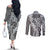 Aloha Vintage Plumeria Hawaiian Tapa Pattern Couples Matching Off The Shoulder Long Sleeve Dress and Long Sleeve Button Shirt Gray Hawaiian Tapa Pattern - Polynesian Pride