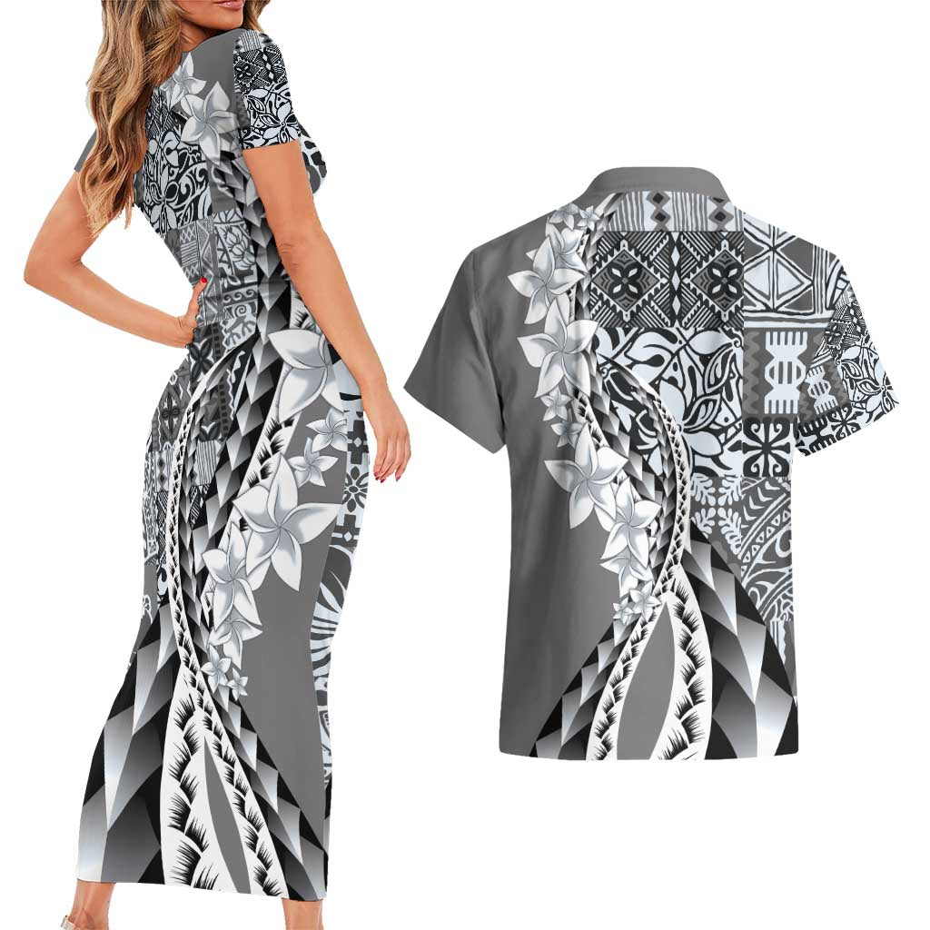 Aloha Vintage Plumeria Hawaiian Tapa Pattern Couples Matching Short Sleeve Bodycon Dress and Hawaiian Shirt Gray Hawaiian Tapa Pattern - Polynesian Pride