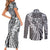 Aloha Vintage Plumeria Hawaiian Tapa Pattern Couples Matching Short Sleeve Bodycon Dress and Long Sleeve Button Shirt Gray Hawaiian Tapa Pattern - Polynesian Pride