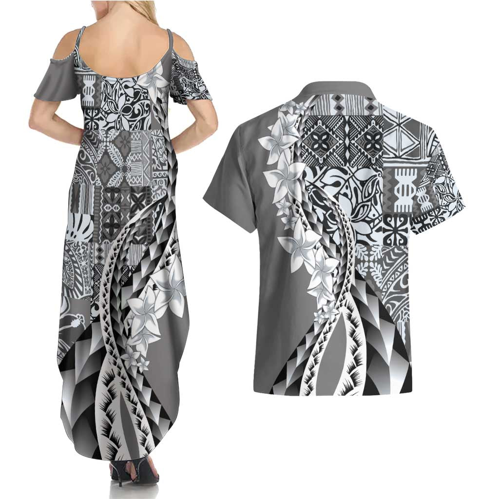 Aloha Vintage Plumeria Hawaiian Tapa Pattern Couples Matching Summer Maxi Dress and Hawaiian Shirt Gray Hawaiian Tapa Pattern - Polynesian Pride