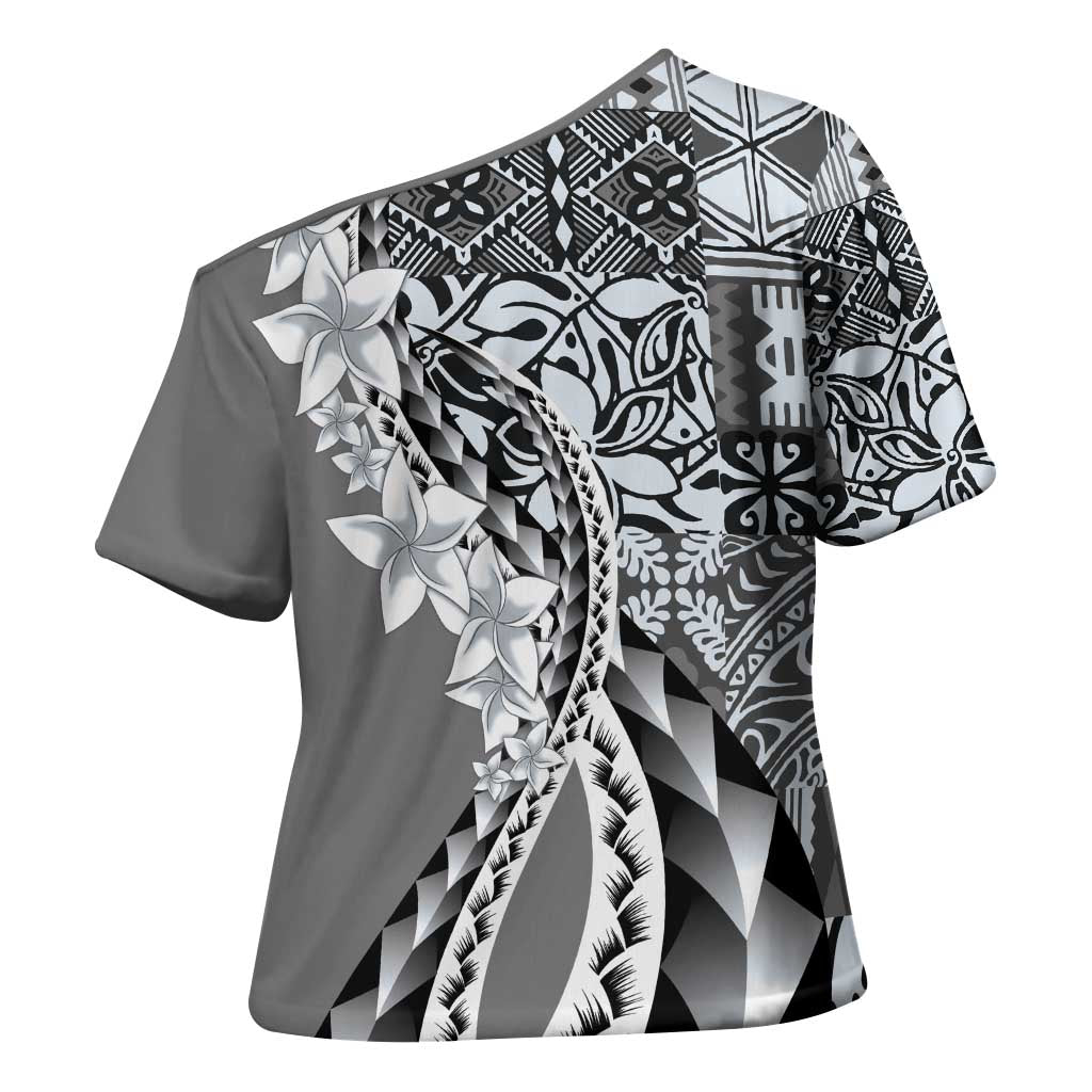 Aloha Vintage Plumeria Hawaiian Tapa Pattern Cross Shoulder Shirt Gray Hawaiian Tapa Pattern - Polynesian Pride