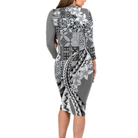 Aloha Vintage Plumeria Hawaiian Tapa Pattern Family Matching Long Sleeve Bodycon Dress and Hawaiian Shirt Gray Hawaiian Tapa Pattern - Polynesian Pride