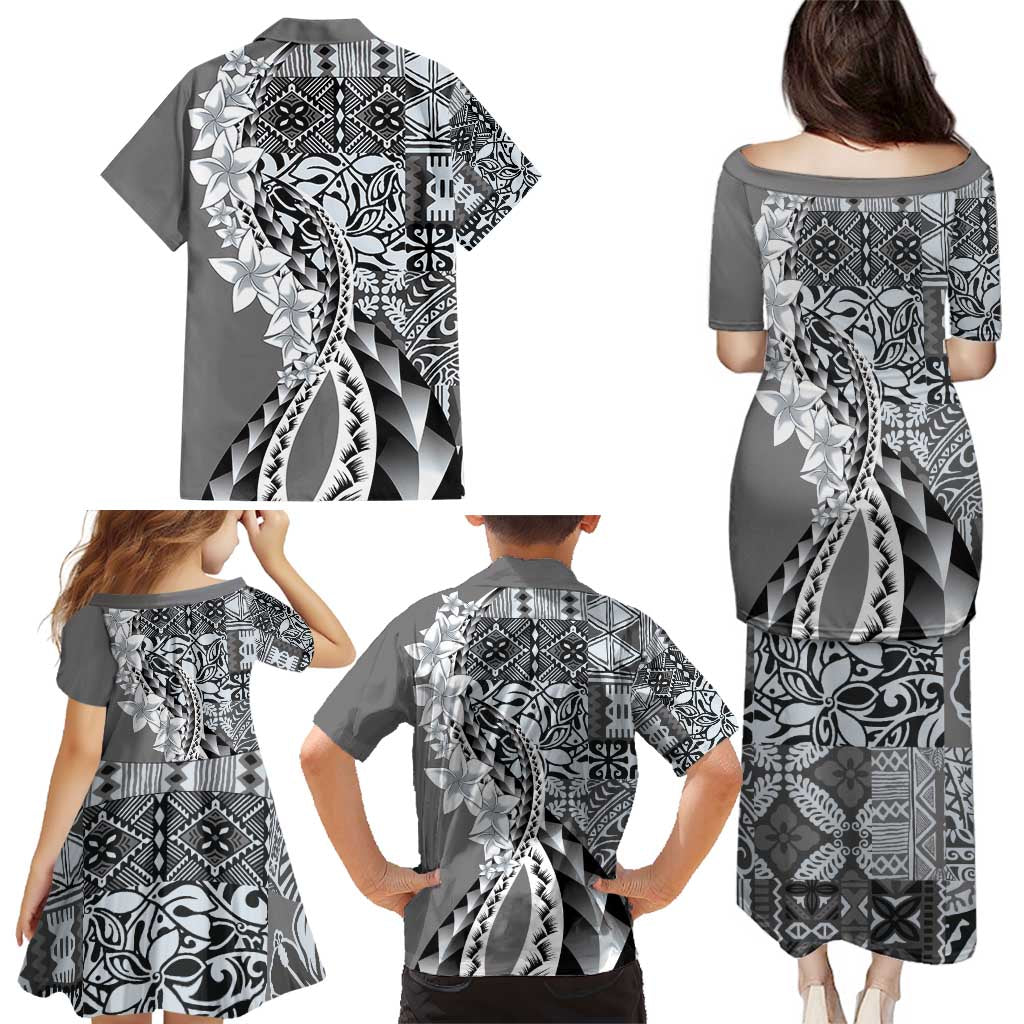 Aloha Vintage Plumeria Hawaiian Tapa Pattern Family Matching Puletasi and Hawaiian Shirt Gray Hawaiian Tapa Pattern - Polynesian Pride