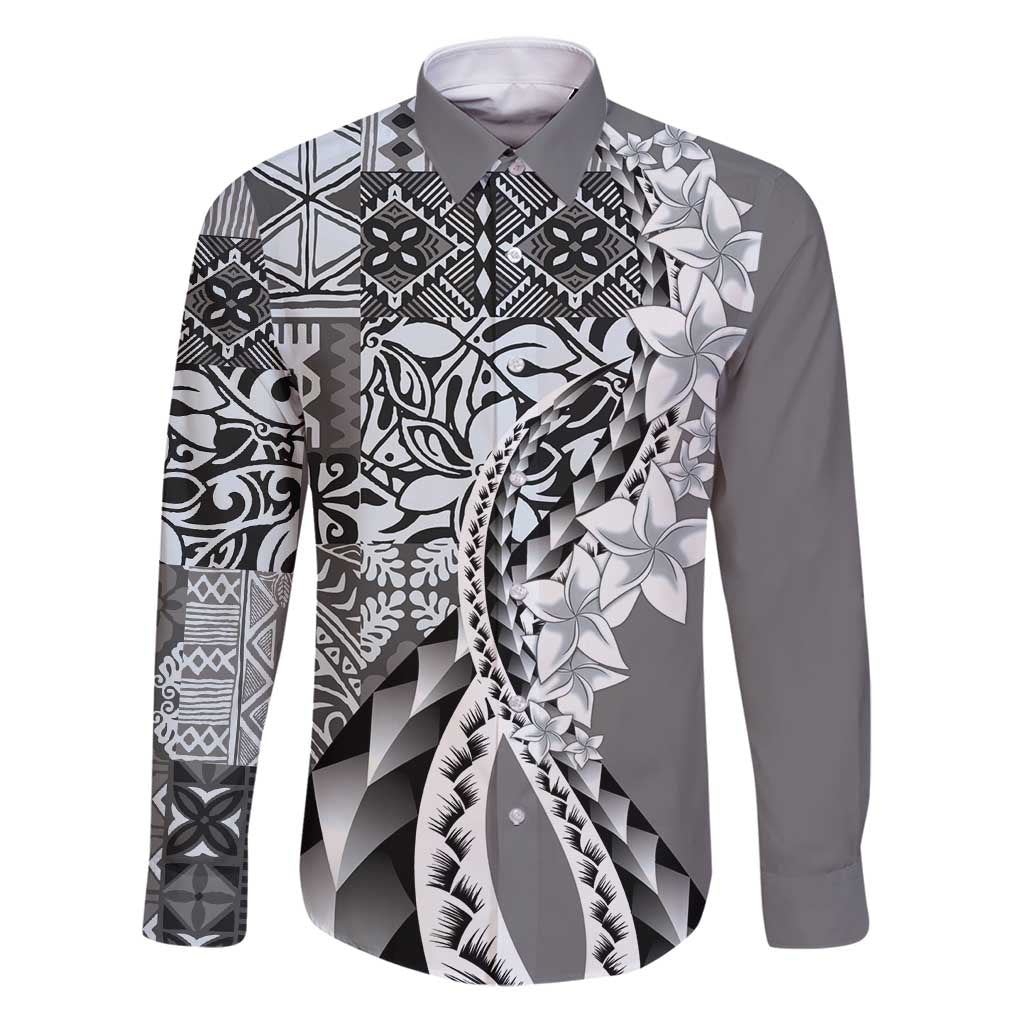 Aloha Vintage Plumeria Hawaiian Tapa Pattern Family Matching Puletasi and Hawaiian Shirt Gray Hawaiian Tapa Pattern - Polynesian Pride