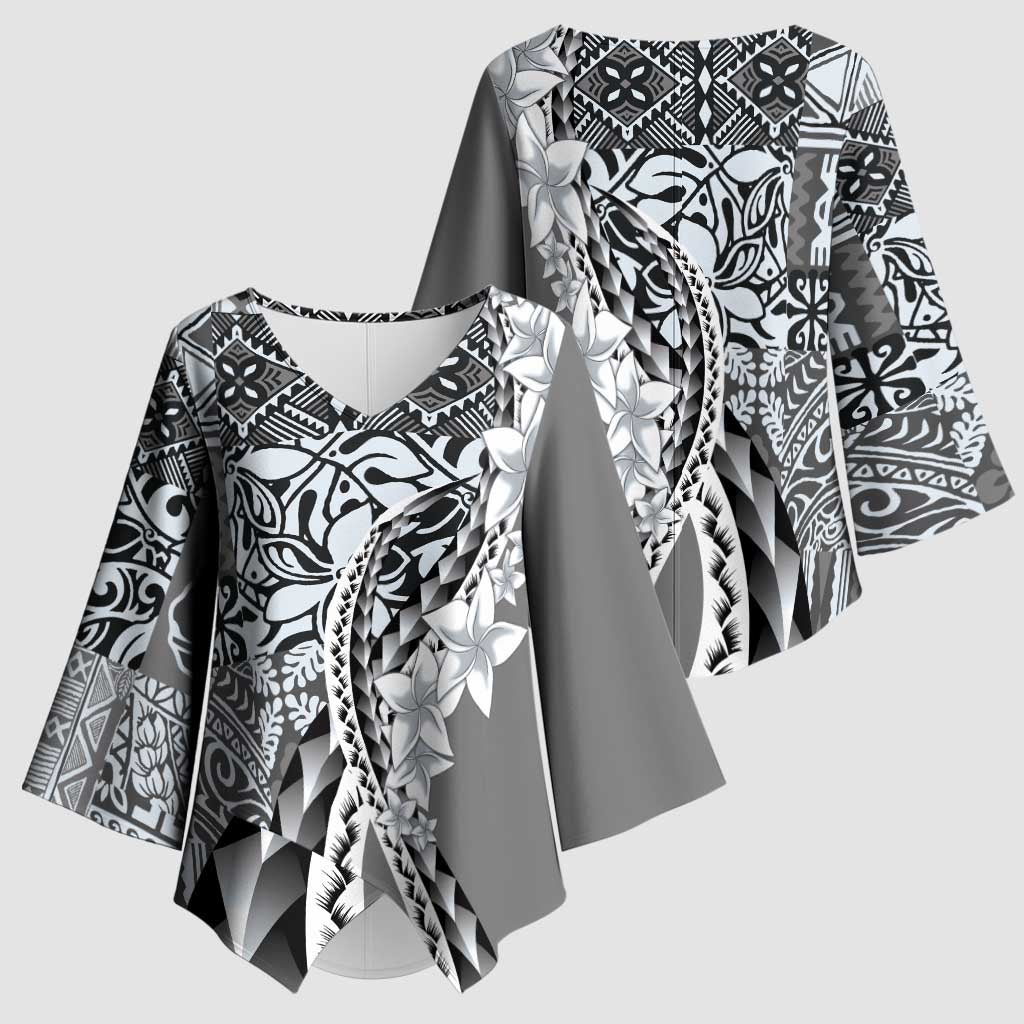Aloha Vintage Plumeria Hawaiian Tapa Pattern Kimono Sleeve Blouse Gray Hawaiian Tapa Pattern - Polynesian Pride
