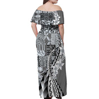 Aloha Vintage Plumeria Hawaiian Tapa Pattern Off Shoulder Maxi Dress Gray Hawaiian Tapa Pattern - Polynesian Pride