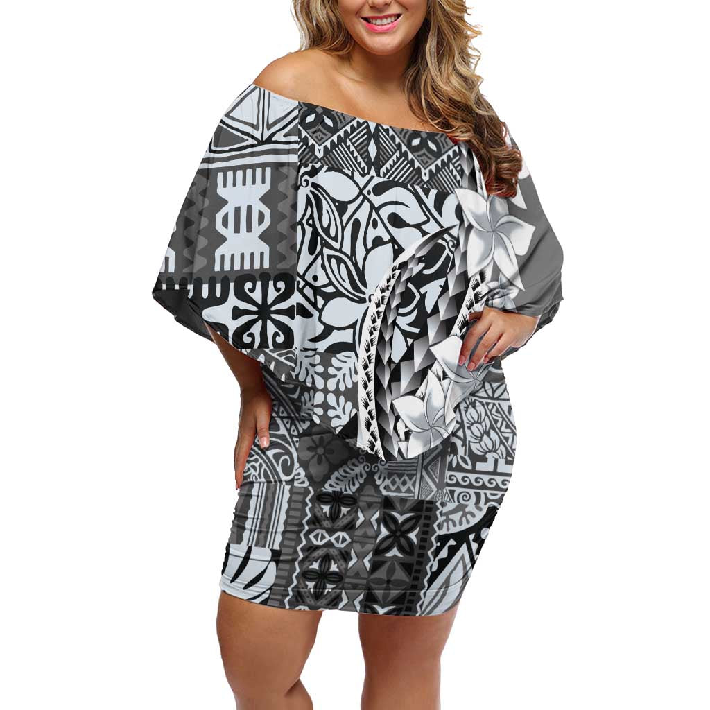 Aloha Vintage Plumeria Hawaiian Tapa Pattern Off Shoulder Short Dress Gray Hawaiian Tapa Pattern - Polynesian Pride