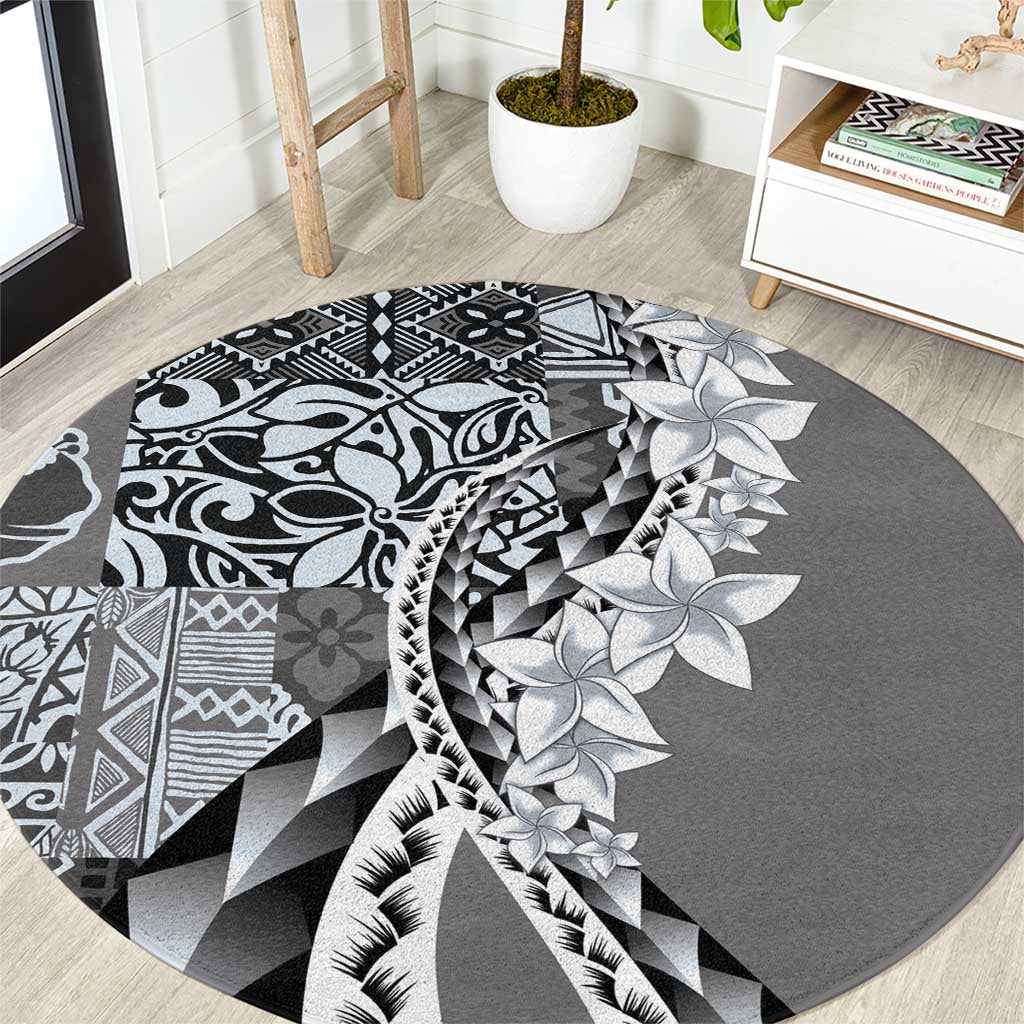 Aloha Vintage Plumeria Hawaiian Tapa Pattern Round Carpet Gray Hawaiian Tapa Pattern - Polynesian Pride