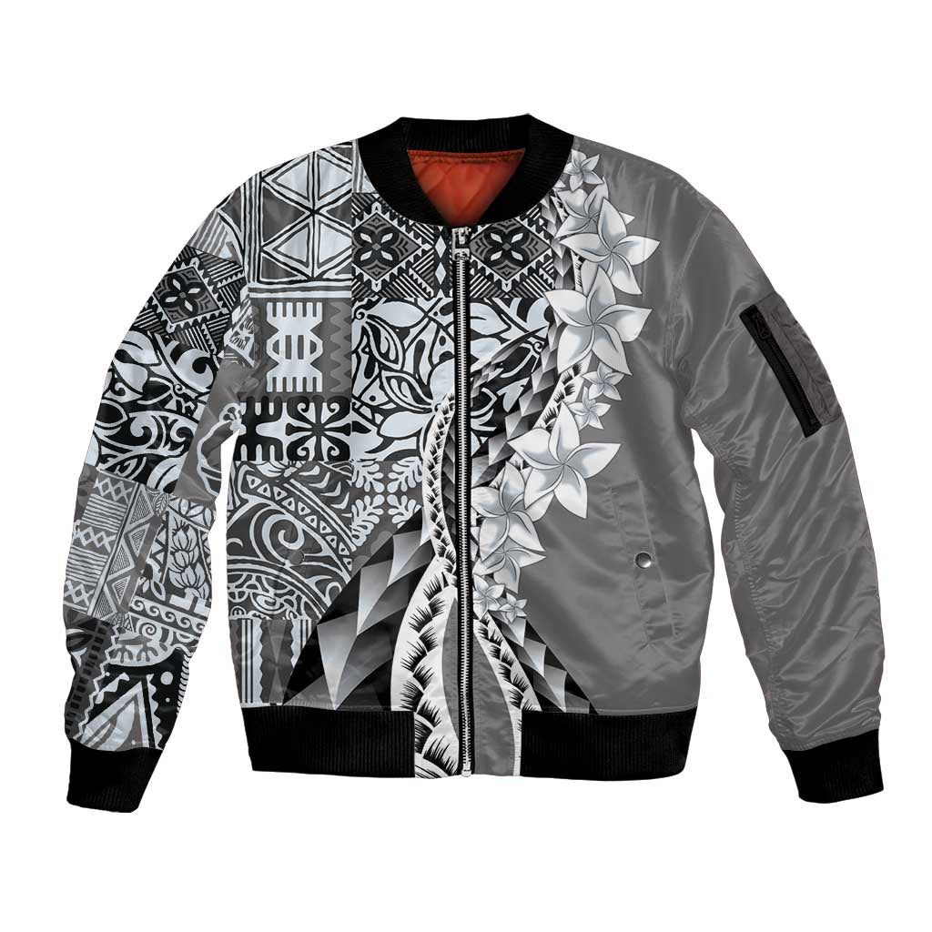 Aloha Vintage Plumeria Hawaiian Tapa Pattern Sleeve Zip Bomber Jacket Gray Hawaiian Tapa Pattern - Polynesian Pride