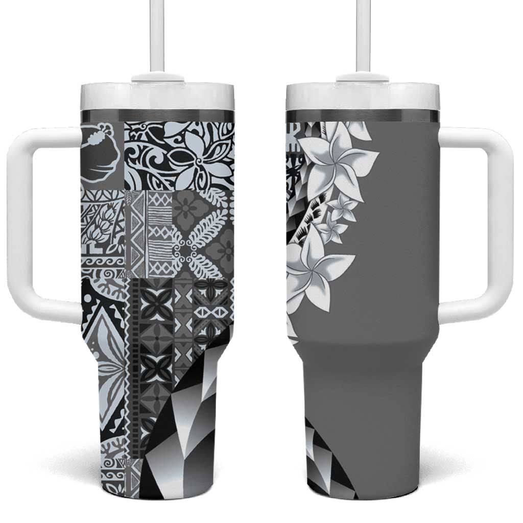 Aloha Vintage Plumeria Hawaiian Tapa Pattern Tumbler With Handle Gray Hawaiian Tapa Pattern - Polynesian Pride