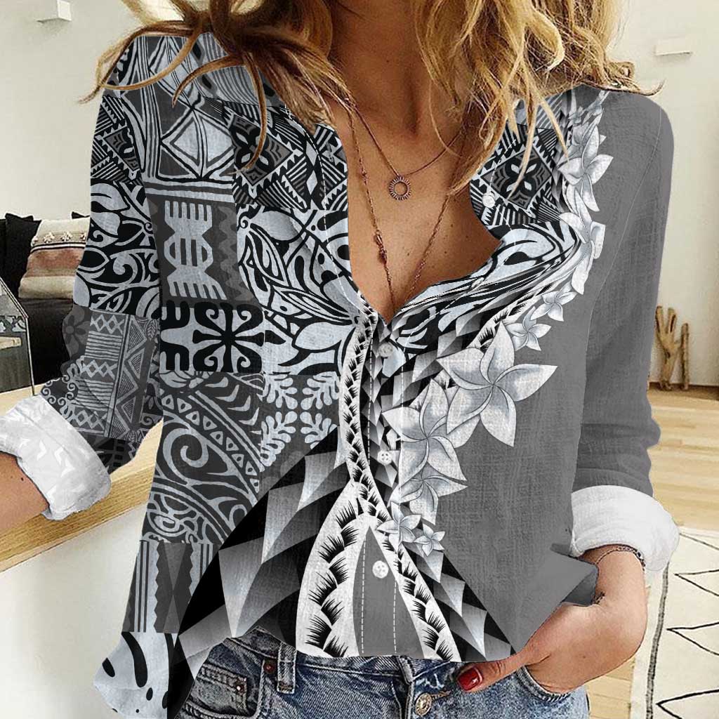 Aloha Vintage Plumeria Hawaiian Tapa Pattern Women Casual Shirt Gray Hawaiian Tapa Pattern - Polynesian Pride