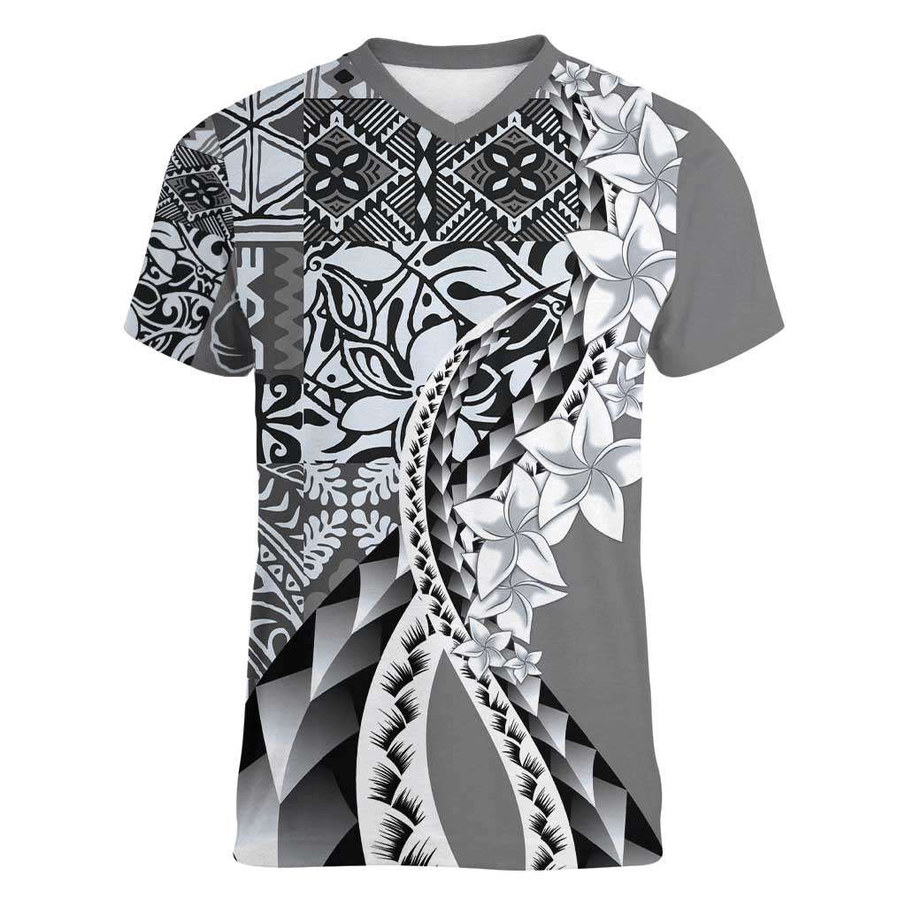 Aloha Vintage Plumeria Hawaiian Tapa Pattern Women V-Neck T-Shirt Gray Hawaiian Tapa Pattern - Polynesian Pride