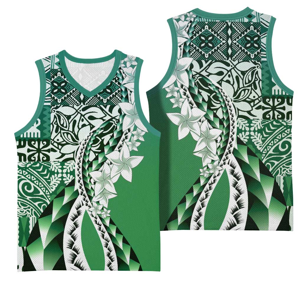 Aloha Vintage Plumeria Hawaiian Tapa Pattern Basketball Jersey Green Hawaiian Tapa Pattern - Polynesian Pride