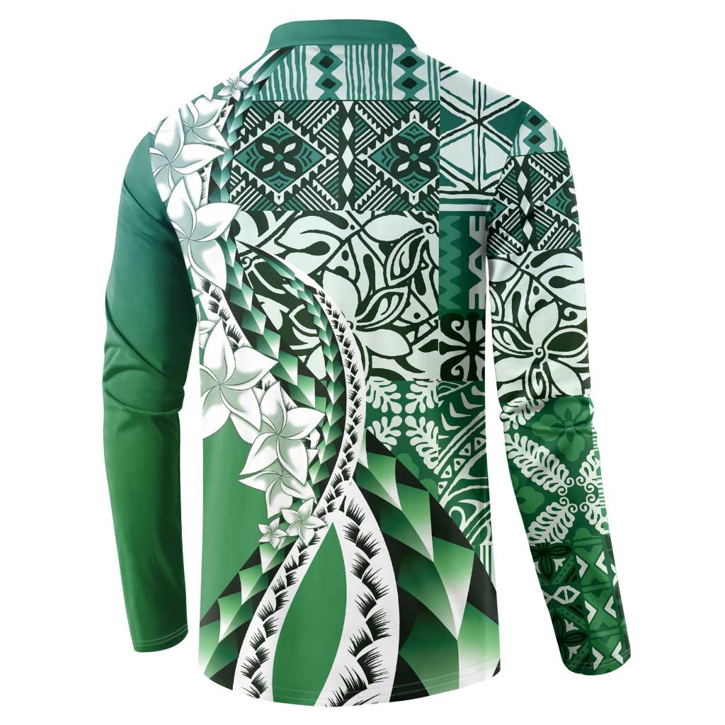 Aloha Vintage Plumeria Hawaiian Tapa Pattern Button Sweatshirt Green Hawaiian Tapa Pattern - Polynesian Pride