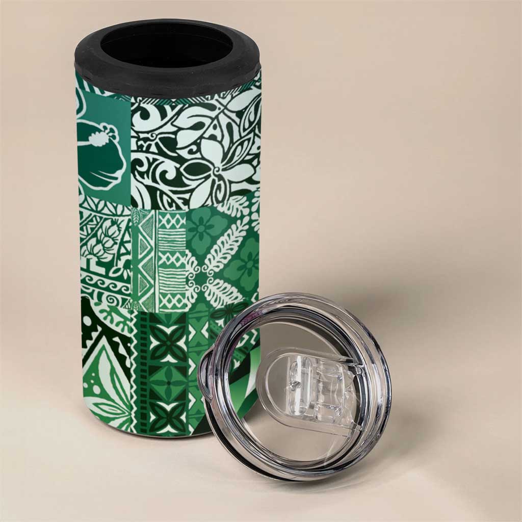 Aloha Vintage Plumeria Hawaiian Tapa Pattern 4 in 1 Can Cooler Tumbler Green Hawaiian Tapa Pattern - Polynesian Pride