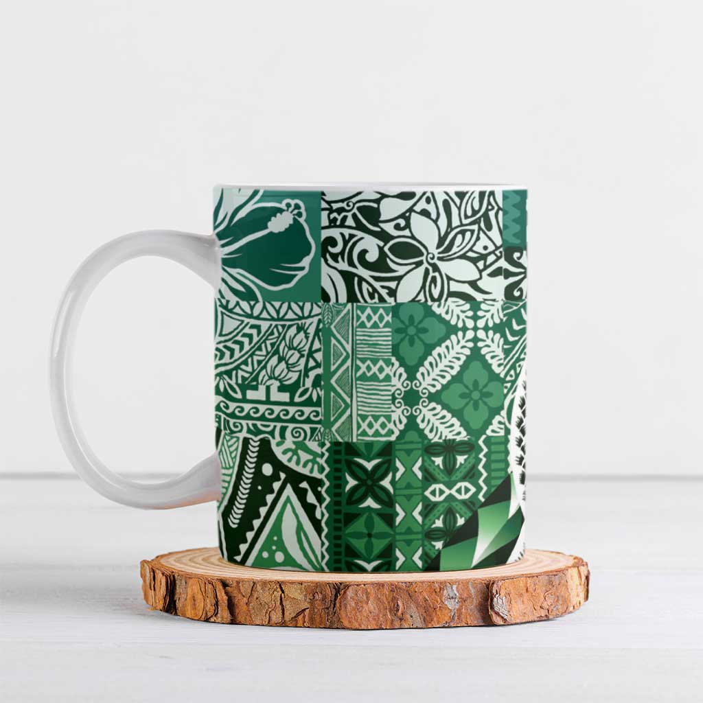 Aloha Vintage Plumeria Hawaiian Tapa Pattern Ceramic Mug Green Hawaiian Tapa Pattern - Polynesian Pride