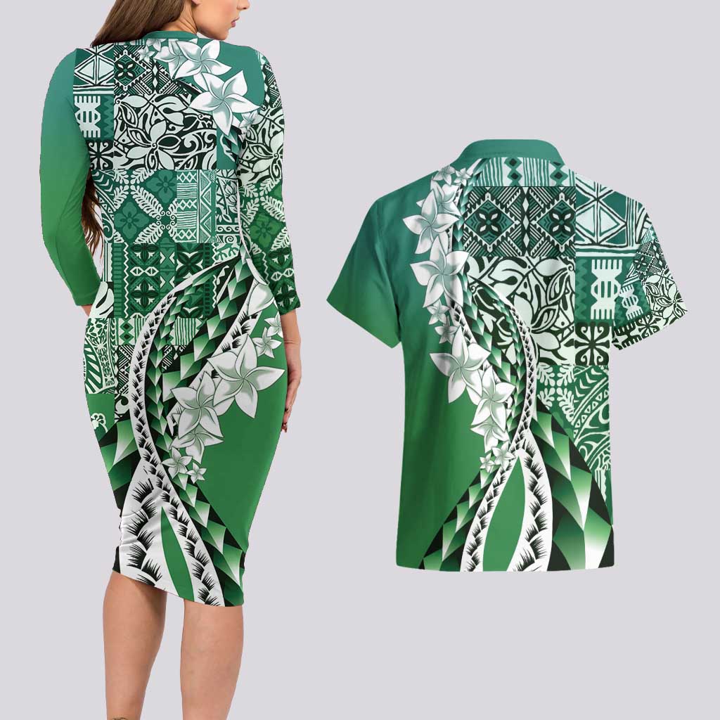 Aloha Vintage Plumeria Hawaiian Tapa Pattern Couples Matching Long Sleeve Bodycon Dress and Hawaiian Shirt Green Hawaiian Tapa Pattern - Polynesian Pride