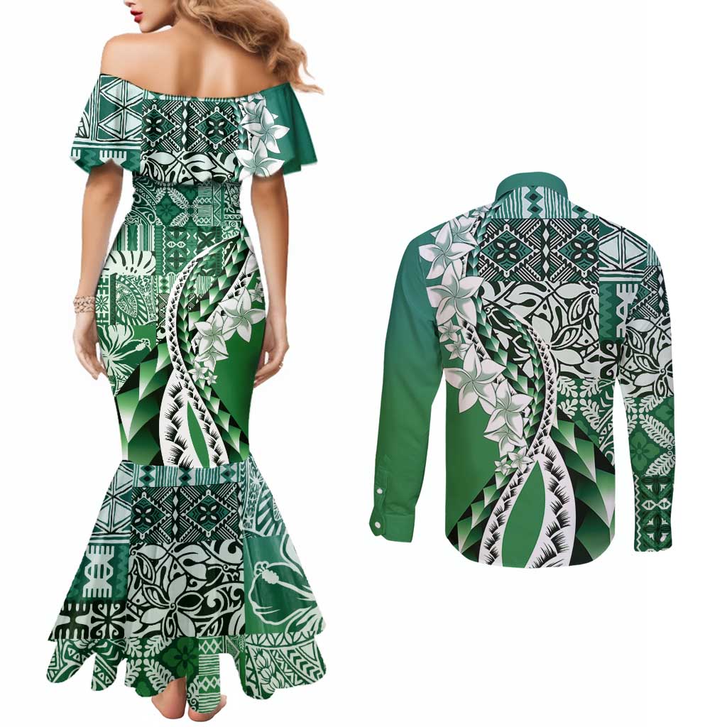Aloha Vintage Plumeria Hawaiian Tapa Pattern Couples Matching Mermaid Dress and Long Sleeve Button Shirt Green Hawaiian Tapa Pattern - Polynesian Pride