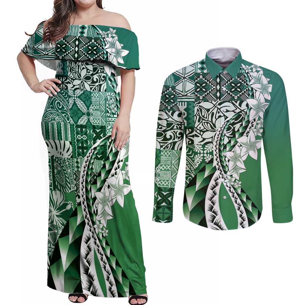 Aloha Vintage Plumeria Hawaiian Tapa Pattern Couples Matching Off Shoulder Maxi Dress and Long Sleeve Button Shirt Green Hawaiian Tapa Pattern - Polynesian Pride