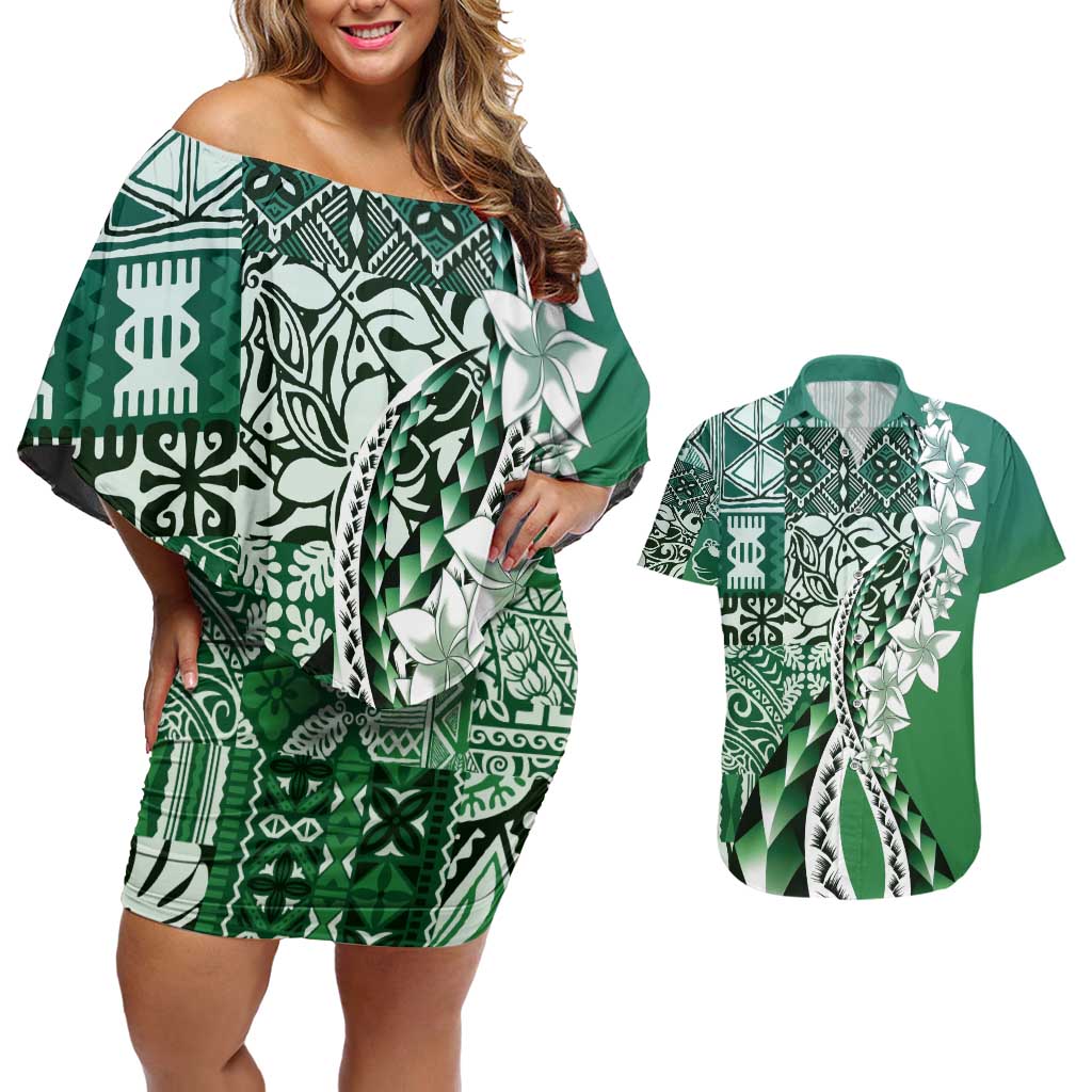 Aloha Vintage Plumeria Hawaiian Tapa Pattern Couples Matching Off Shoulder Short Dress and Hawaiian Shirt Green Hawaiian Tapa Pattern - Polynesian Pride