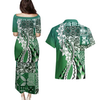 Aloha Vintage Plumeria Hawaiian Tapa Pattern Couples Matching Puletasi and Hawaiian Shirt Green Hawaiian Tapa Pattern - Polynesian Pride