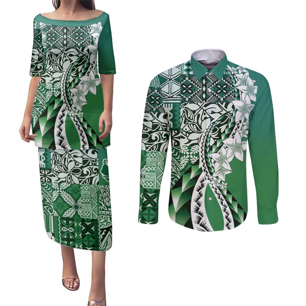 Aloha Vintage Plumeria Hawaiian Tapa Pattern Couples Matching Puletasi and Long Sleeve Button Shirt Green Hawaiian Tapa Pattern - Polynesian Pride