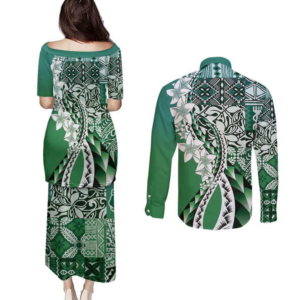 Aloha Vintage Plumeria Hawaiian Tapa Pattern Couples Matching Puletasi and Long Sleeve Button Shirt Green Hawaiian Tapa Pattern - Polynesian Pride