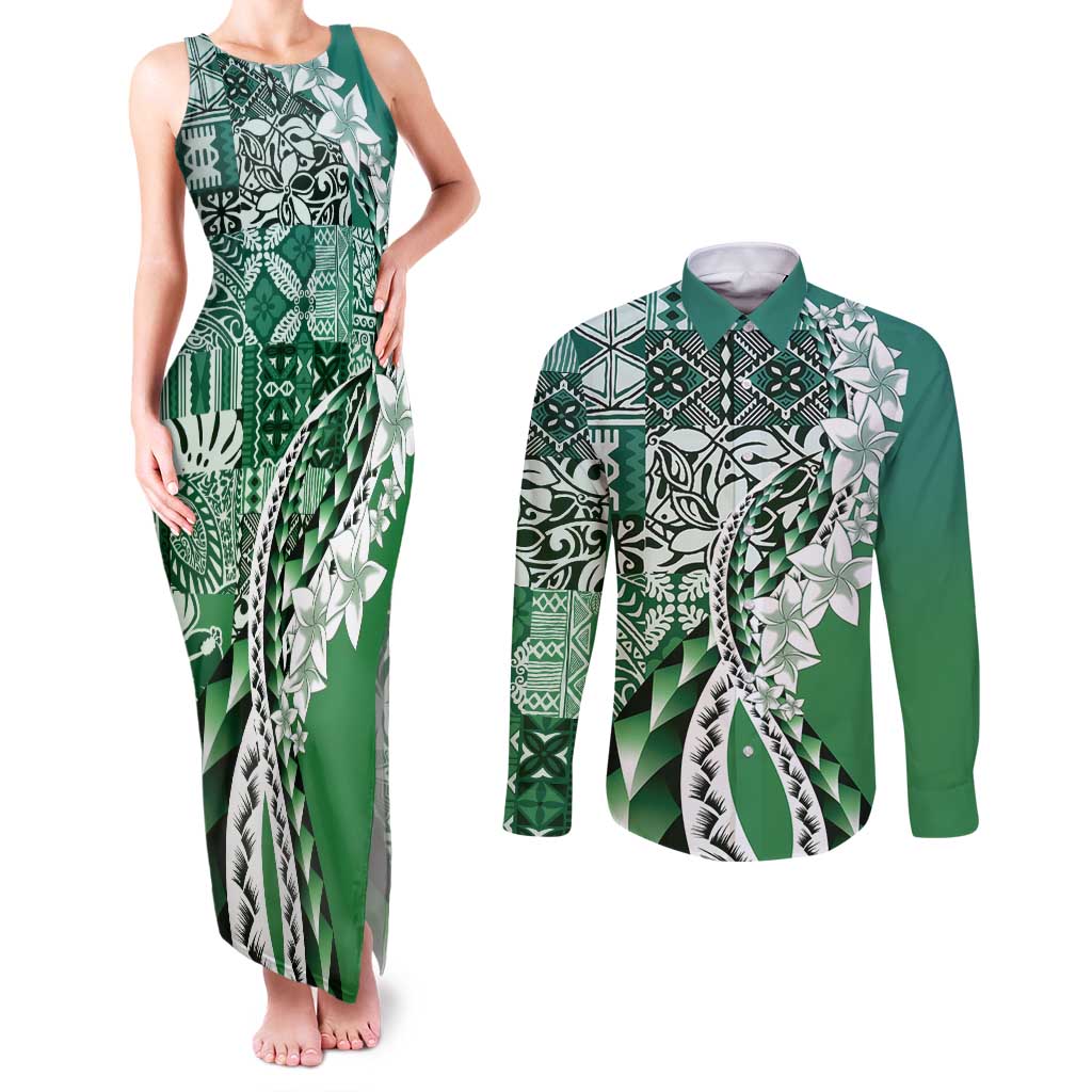 Aloha Vintage Plumeria Hawaiian Tapa Pattern Couples Matching Tank Maxi Dress and Long Sleeve Button Shirt Green Hawaiian Tapa Pattern - Polynesian Pride